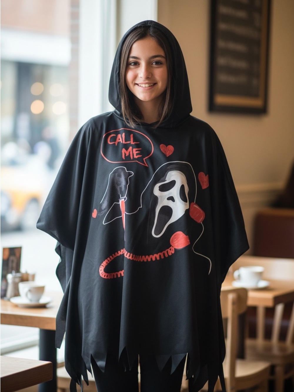 Black Graphic Hooded Poncho Sweater with Red Print